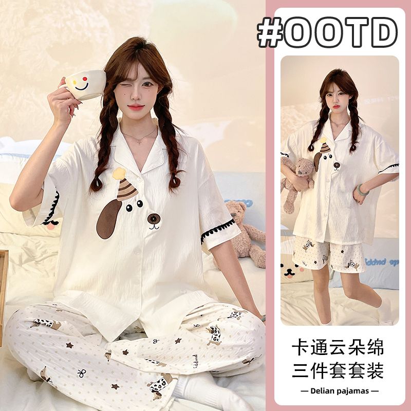 RY2918# 实拍夏季新款短袖短裤长裤云朵棉三件套开衫卡通翻领家居服套装