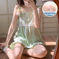 批发实拍夏季新款带胸垫梭织云朵棉<b class='q'>睡衣</b>女吊带公主风甜美家居服套装