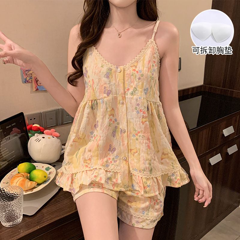 RY2915# 实拍夏季新款云朵棉带胸垫吊带睡衣女韩版甜美可爱花边家居服套...