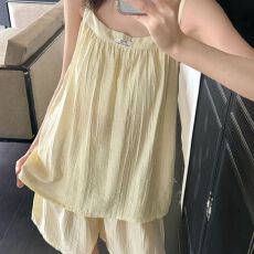批发实拍夏季新款棉麻背心短裤睡衣女韩系纯色简约带胸垫家居<b class='q'>服</b>套装