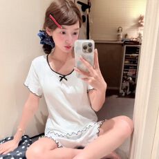 批发实拍夏季新款纯色简约针织提花棉睡衣女韩系慵懒宅家家居服套装