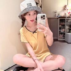批发实拍夏季新款纯色简约针织提花棉睡衣女韩系慵懒宅家家居服套装