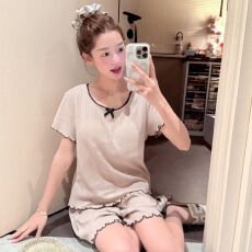 批发实拍夏季新款纯色简约针织提花棉睡衣女韩系慵懒宅家家居服套装