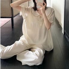 批发实拍夏季新款棉麻短袖长裤甜美娃娃领韩系刺绣<b class='q'>大码</b>宽松家居服套装