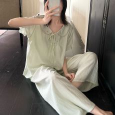 批发实拍夏季新款棉麻短袖长裤甜美娃娃领韩系刺绣<b class='q'>大码</b>宽松家居服套装