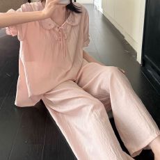 批发实拍夏季新款棉麻短袖长裤甜美娃娃领韩系刺绣<b class='q'>大码</b>宽松家居服套装