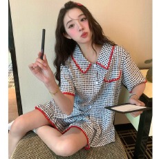 批发夏季新款云朵棉<b class='q'>千鸟格</b>睡衣女韩版翻领开衫宽松牙齿边家居服<b class='q'>套装</b>