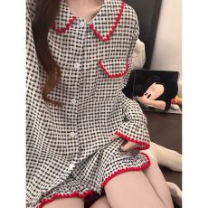 批发夏季新款云朵棉<b class='q'>千鸟格</b>睡衣女韩版翻领开衫宽松牙齿边家居服<b class='q'>套装</b>
