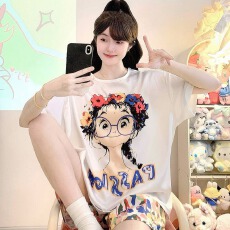 批发<b class='q'>实拍</b>夏季新款冰雪丝甜美睡衣女韩版卡通宽松大码胖MM家居服套<b class='q'>装</b>
