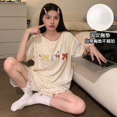 实拍夏季新款圆领带胸垫针织棉睡衣女凉感波点印花卡通家居服套装