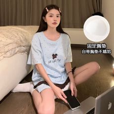 实拍夏季新款圆领带胸垫针织棉睡衣女凉感小马印花卡通家居服套装
