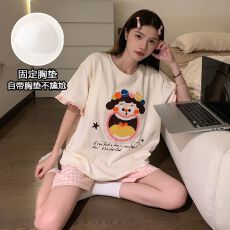 实拍夏季新款圆领带胸垫针织棉睡衣女凉感娃娃印花卡通家居服套装