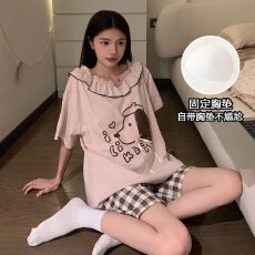 实拍夏季新款圆领带胸垫针织棉睡衣女凉感荷叶边卡通家居服套装