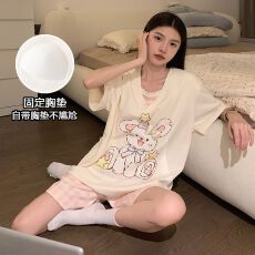 实拍夏季新款圆领带胸垫针织棉睡衣女凉感手工兔卡通家居服套装