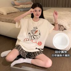 实拍夏季新款圆领带胸垫针织棉睡衣女凉感小猫印花卡通家居服套装