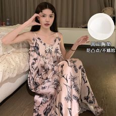 实拍夏季新款冰雪丝V领吊带睡裙女日系带胸垫轻奢甜美中长家居服