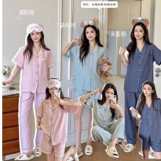 批发实拍夏季新款翻领开衫色织格睡衣女韩系简约短袖长裤家居服<b class='q'>套装</b>