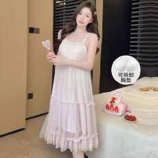 批发实拍夏季新款网纱蕾丝带胸垫睡裙女宫廷公主风休闲甜美吊带家居服
