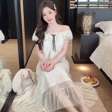 批发实拍夏季新款小飞袖网纱蕾丝带胸垫宫廷公主风休闲甜美家居服长裙