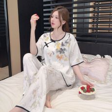 批发实拍夏季新款短袖长裤梭织云朵棉睡衣女新中式国风盘扣家居服套装