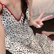 官图夏季新款胸垫吊带长裤冰雪丝睡衣女韩系ins撞色豹纹印花套装