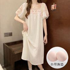 批发实拍<b class='q'>夏</b>季新款云朵棉带胸垫刺绣睡裙女韩系甜美宽松家居服可外穿