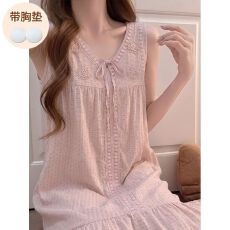 批发实拍<b class='q'>夏</b>季新款云朵棉背心绣花睡裙女蕾丝花边带胸垫过膝长裙家居服
