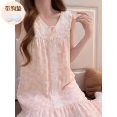 批发实拍<b class='q'>夏</b>季新款云朵棉背心绣花睡裙女蕾丝花边带胸垫过膝长裙家居服