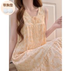 批发实拍<b class='q'>夏</b>季新款云朵棉背心绣花睡裙女蕾丝花边带胸垫过膝长裙家居服