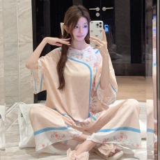 批发实拍夏季新款冰雪丝提花<b class='q'>睡衣</b>女复古国风新中式甜美舒适家居服套装