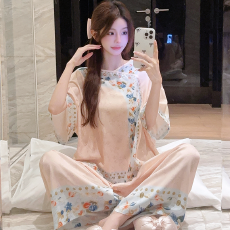 批发实拍夏季新款冰雪丝提花<b class='q'>睡衣</b>女复古国风新中式甜美舒适家居服套装