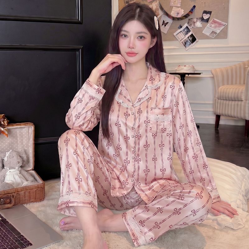 春秋季新款ins风条纹蝴蝶结蕾丝花边长袖仿真丝家居服套装 服裝批發女裝批發服飾貨源