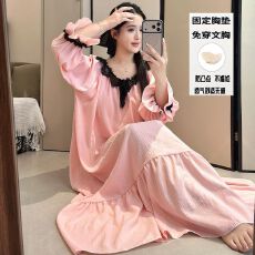 批发实拍<b class='q'>春</b>秋季新款云朵棉带胸垫睡裙女韩系加肥加大甜美宽松家居服