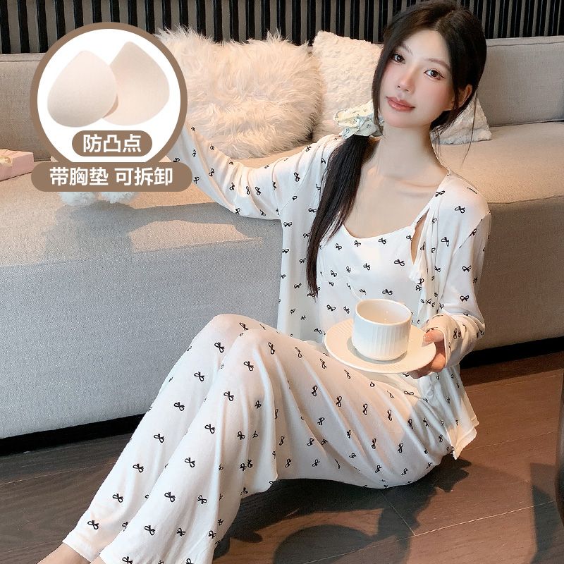 春秋季新款莫代尔带胸垫三件套睡衣女韩系甜美可爱家居服套装 服裝批發女裝批發服飾貨源