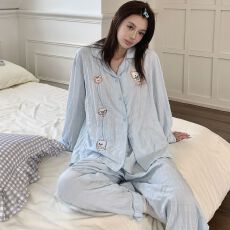 实拍春秋季新款甜美猫万年格云朵棉睡衣女韩系卡通开衫家居服套装