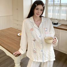 实拍春秋季新款甜美猫万年格云朵棉睡衣女韩系卡通开衫家居服套装