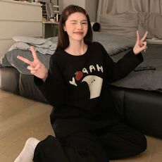 实拍春秋季新款仿棉圆领套头长袖长裤双口袋卡通可爱家居服套装
