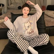 实拍春秋季新款仿棉圆领套头长袖长裤双口袋卡通可爱家居服套装