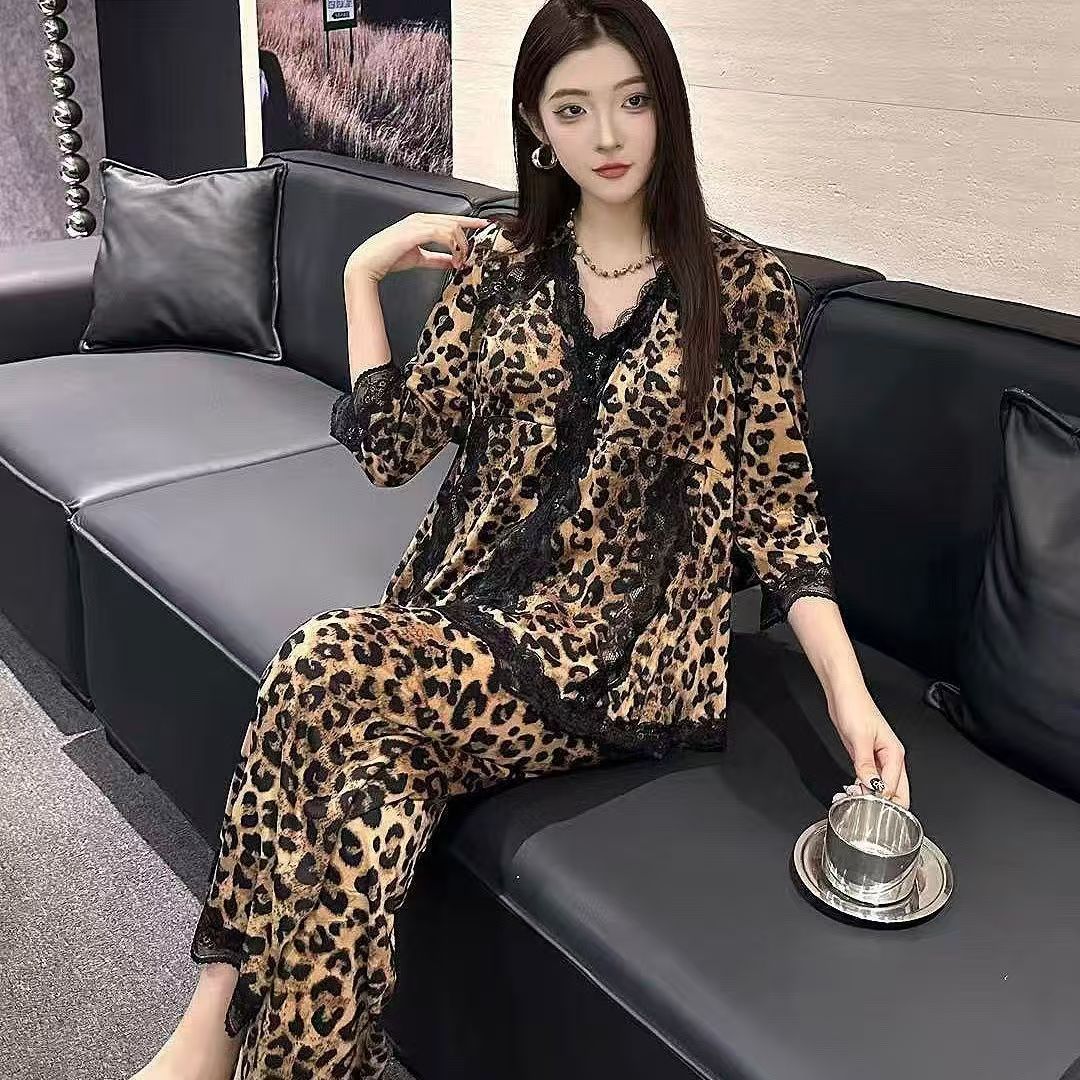春秋季新款豹纹蕾丝花边睡衣女韩版时尚性感奢华家居服套装 服裝批發女裝批發服飾貨源