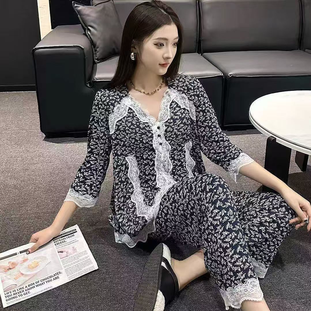 春秋季新款碎花蕾丝花边睡衣女韩版时尚性感奢华家居服套装 服裝批發女裝批發服飾貨源
