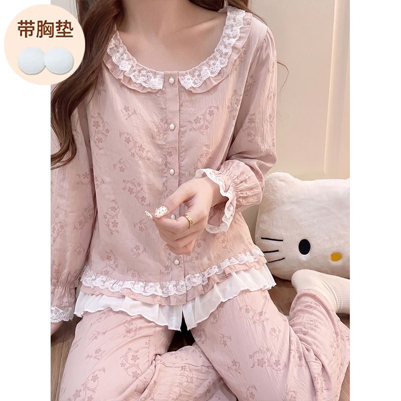 春秋季新款云朵棉带胸垫睡衣女韩系小香风宽松开衫家居服套装 服裝批發女裝批發服飾貨源