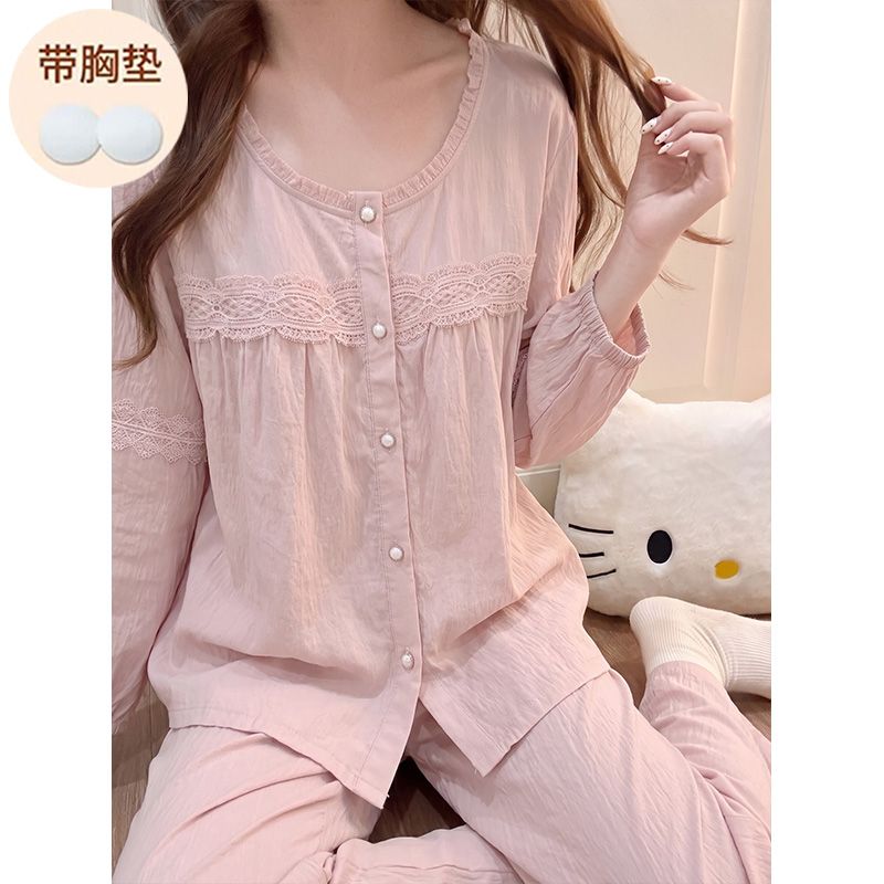 春秋季新款云朵棉带胸垫睡衣女韩系小香风宽松开衫家居服套装 服裝批發女裝批發服飾貨源