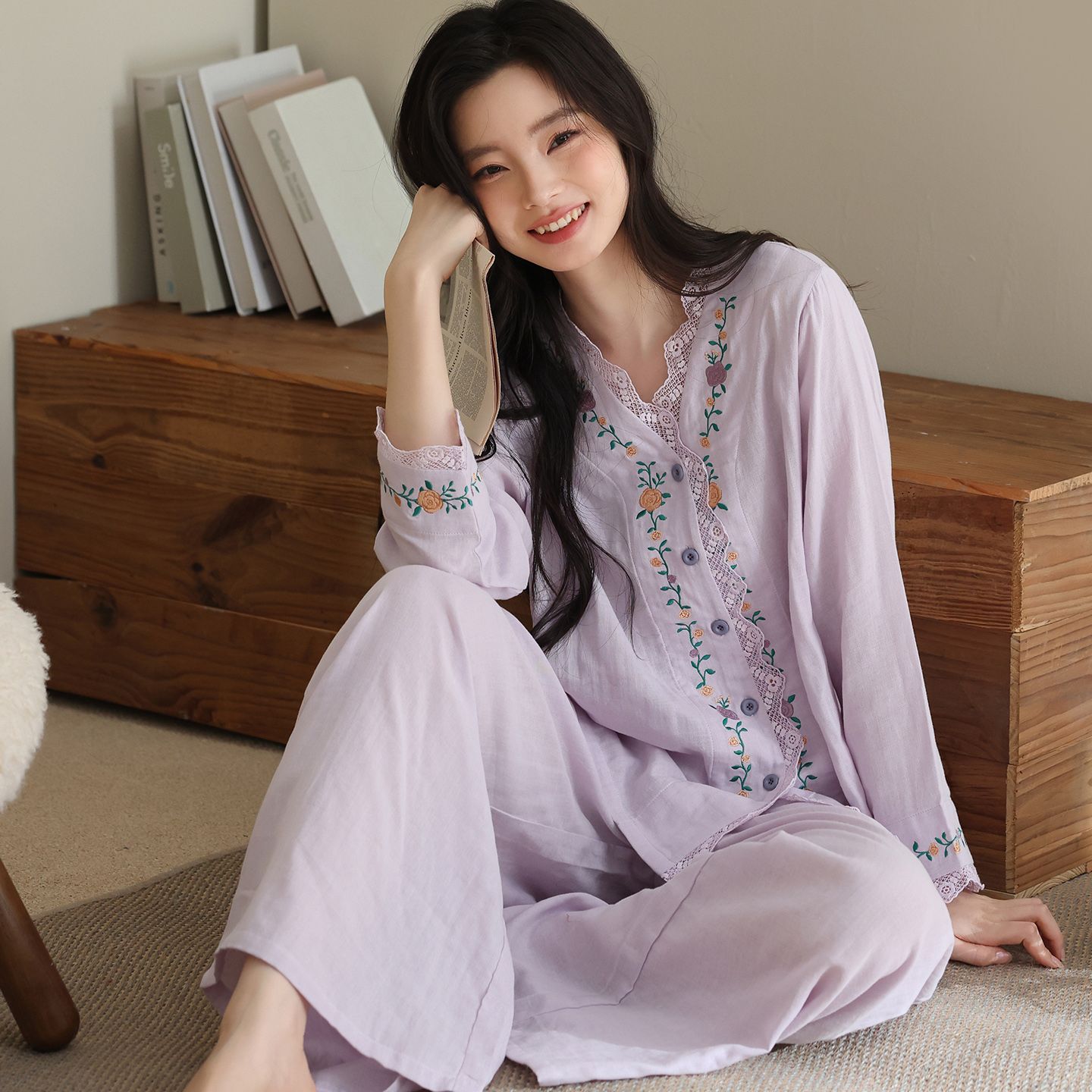 春秋季新款双层云朵棉V领睡衣女韩系宽松开衫甜美家居服套装 服裝批發女裝批發服飾貨源