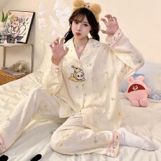 批发实拍春秋季新款云朵棉卡通睡衣女韩系翻领开衫甜美宽松家居<b class='q'>服</b>套装