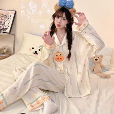 批发实拍春秋季新款云朵棉卡通睡衣女韩系翻领开衫甜美宽松家居<b class='q'>服</b>套装