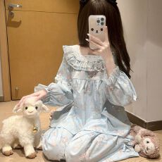 官图春秋季新款甜美可爱小熊花边睡衣女韩系卡通云朵棉家居服套装