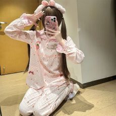 官图春秋季新款云朵棉娃娃领睡衣女韩系甜美可爱草莓家居服套装