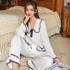 韩版秋季新款蕾丝花边领宫廷风冰雪丝轻奢小香风开衫家居服套装