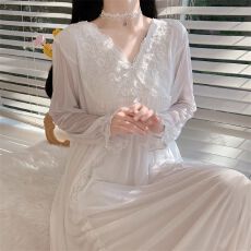 批发实拍春<b class='q'>秋</b>季新款法式甜美宫廷风睡裙女蕾丝花边网纱公主风家居服