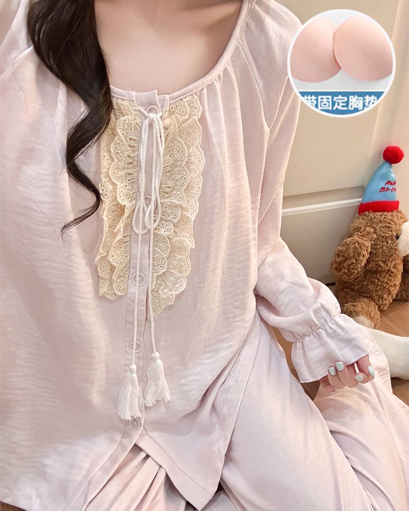 春秋季新款梭织双层纱睡衣女韩版甜美花边带胸垫家居服套装 服裝批發女裝批發服飾貨源